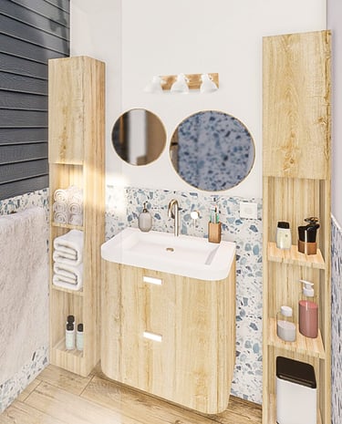 Visuel photoréaliste d'une salle de bain avec des matériaux bois et du terrazzo, dans un chalet