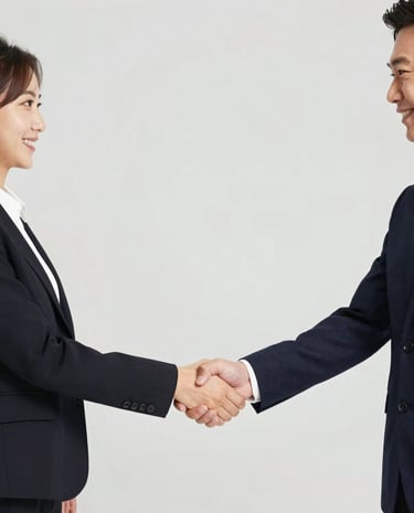 An employer and a migrant worker shaking hands in front of a modern Singapore office building.