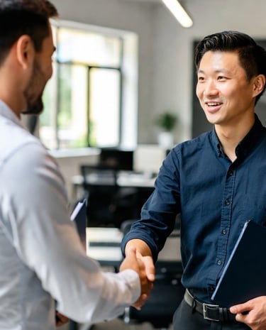 Smiling business professional shaking hands with a colleague in a bright modern office setting.