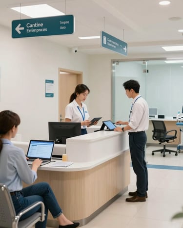 A close-up of hands typing on a keyboard with medical charts and a coffee cup nearby.
