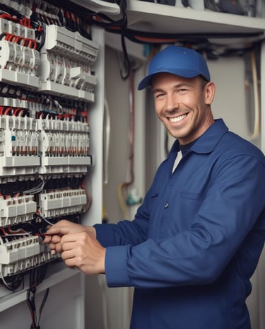 Smiling Good Guy Electric & Solar team standing in front of a company van.