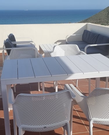An outdoor eating area with stunning views in Mojacar, Spain.