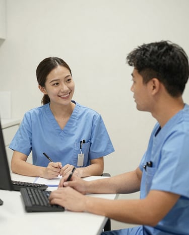 Smiling healthcare team reviewing paperwork together in a bright, minimal clinic setting.