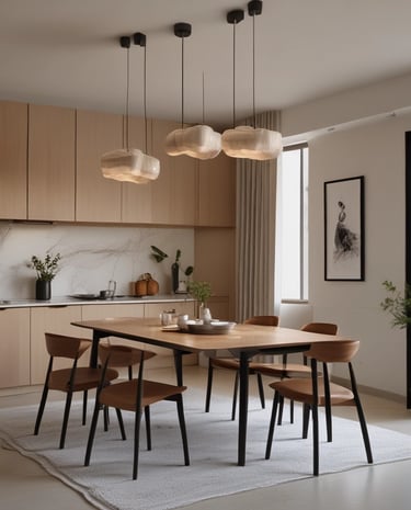 A minimalist interior design featuring a wooden sideboard with sleek lines and a potted plant on top. Modern pendant lights with circular designs hang from the ceiling, and decorative items are arranged on a recessed shelf. A light blue armchair with a wooden frame is positioned in the foreground, enhancing the contemporary aesthetic.