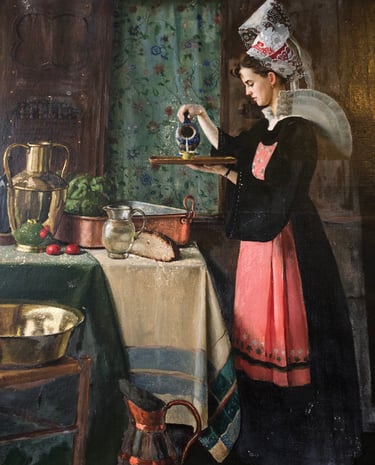 Huile sur toile, bretonne servant de l'eau, nature morte au pain et aux pichets