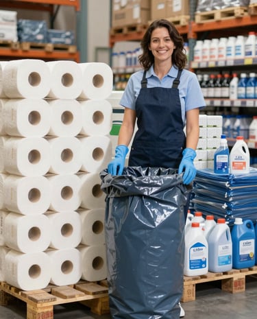 Workers organizing and preparing bulk cleaning supplies for shipment inside a bright, eco-friendly warehouse.