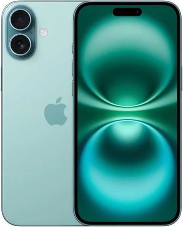 Promoção iPhone 16 e iPhone 16 Plus na cor verde-acinzentado (Teal).