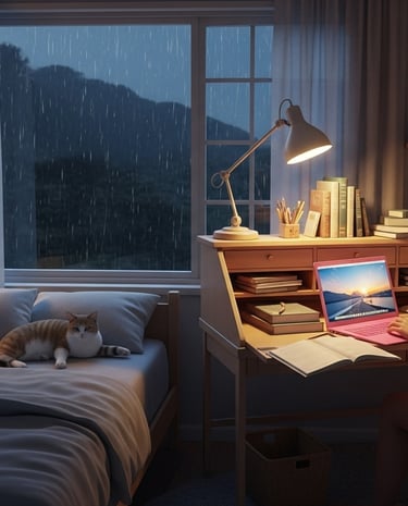 ai avatar study with me. cozy ambience.
