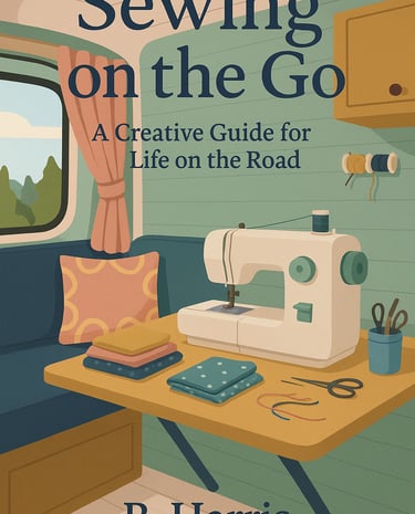 Cover of Sewing on the Go eBook featuring tips and tutorials for compact sewing in RVs, vans, and sm