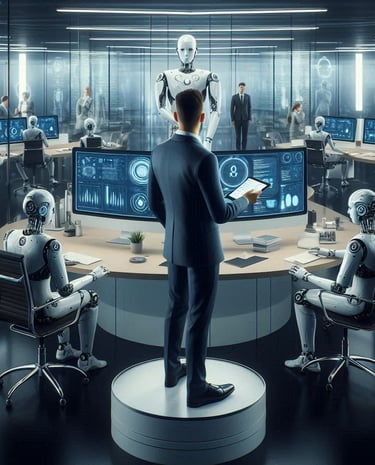 An elegant office with humanoid chatbots working at modern desks and a single human observing them f