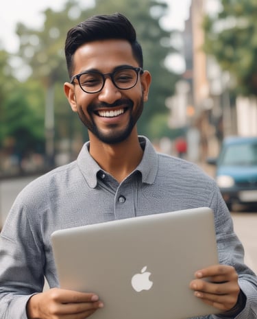 A customer happily receiving their repaired laptop from a friendly jas service staff member.