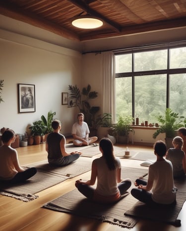A peaceful meditation coach guiding a small group outdoors.