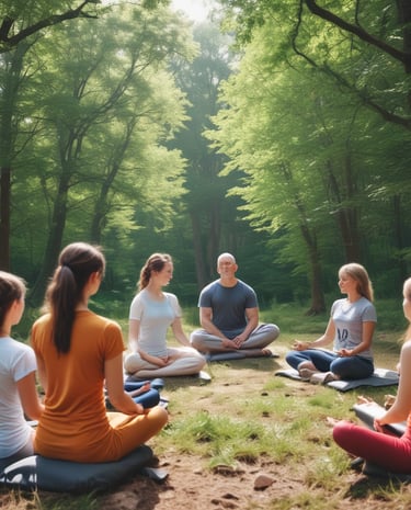 A peaceful meditation coach guiding a small group outdoors.