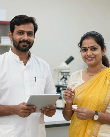 Pharmaceutical experts in lab coats discussing a formulation in a bright, organized lab.