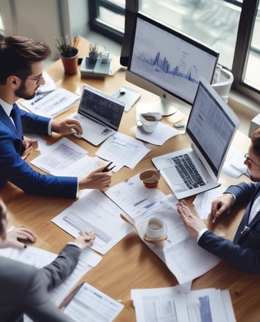 A smiling business owner reviewing financial documents with a consultant.