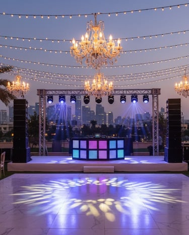 Luxury outdoor wedding reception at dusk featuring a marble dance floor, crystal chandeliers, and city skyline.
