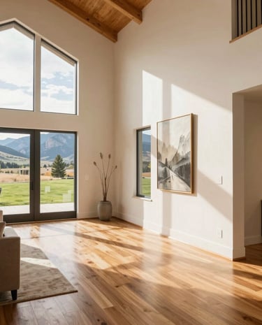 A renovated cozy living room showcasing fresh paint and new windows bathed in morning light.