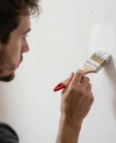 Close-up of a painter’s hand smoothing wallpaper edges in a bright, modern office.