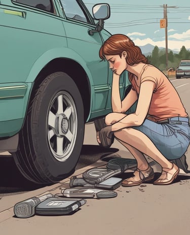 Close-up of a Mayo Towing roadside assistance kit with tools and safety cones.