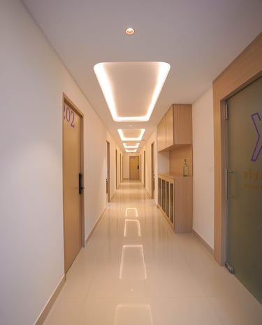 Modern hotel corridor with sleek wooden doors, recessed ceiling lighting, and polished tile floors.