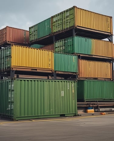 Stacks of shipping containers bathed in warm sunlight with a clear blue sky.