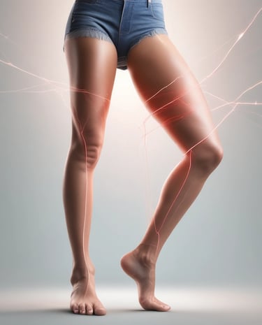 Person using diosmooth™ laser device comfortably at home with soft dark blue lighting.