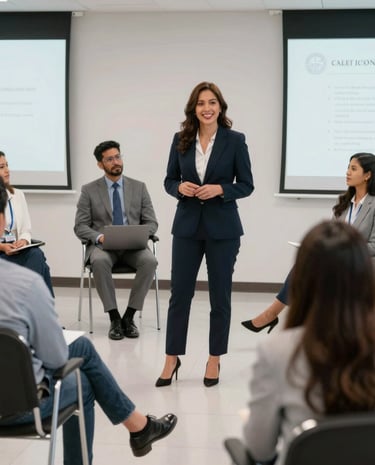 Focused employees attending an impactful corporate seminar with a speaker presenting.