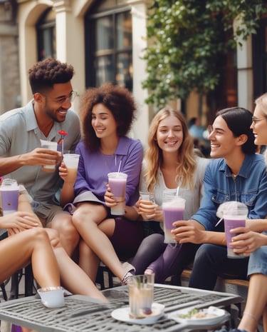 A cheerful group enjoying pop sip drinks at a sunny outdoor market pop-up.