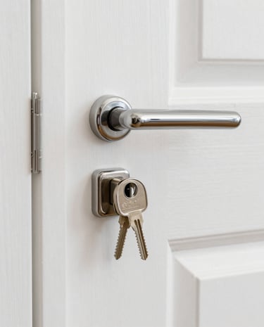 A close-up of hands holding keys in front of a charming front door.