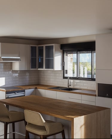 Rendu 3D cuisine contemporaine avec îlot central – BenRaff Studio