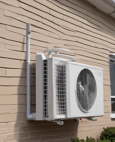 A building facade featuring a white air conditioning unit mounted on the exterior wall, partially covered with creeping green ivy. The building is painted white with black-tiled lower sections, and an industrial light fixture is attached above a large window with frosted glass. The sidewalk in front is made of concrete with a red-painted curb.