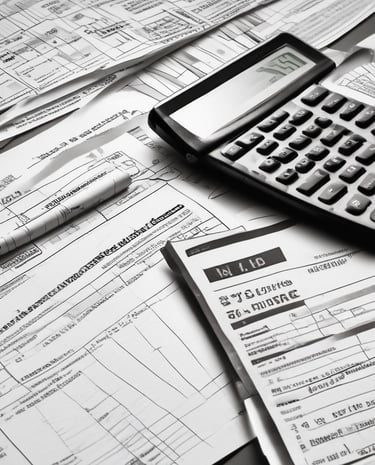 A neatly arranged setup featuring tax documents on top of a light-colored folder. An envelope and a sticky note are placed on the left side. A black pen is positioned near the paperwork. A coffee cup sits above the documents, suggesting a moment of work or review.