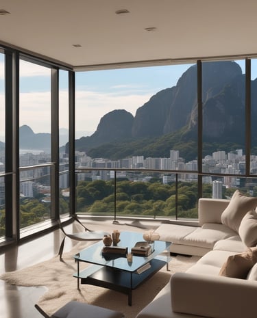 A tall, modern skyscraper with a sleek, geometric design features numerous windows and balconies. The foreground displays a sign advertising luxury penthouse suites with information on sales and rentals. Several small trees and flagpoles are lined up on the terrace, adding a touch of greenery to the urban setting.