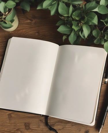 An open journal with a pen resting on its pages, surrounded by a few comforting books and a steaming cup of tea.