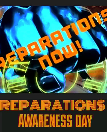 A black fist comes through a clock saying "Reparations Now!"