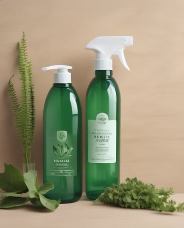 A set of cleaning products is arranged on a light-colored marble surface. The items include two metal spray bottles, a small glass bottle with a liquid, a natural bristle brush, and a cloth with dark stripes. Sunlight filters through leaves, casting dappled shadows on the surface.