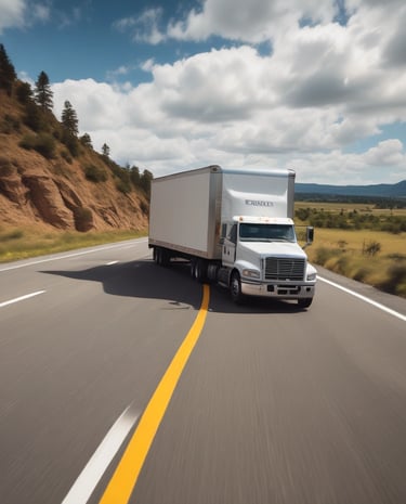 A series of trucks are parked or stationery on a road, including a white trailer with company branding, a white and blue pickup truck, and a large red dump truck with a raised bed.