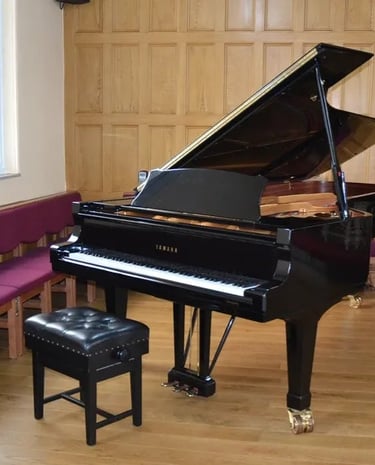 Concert grand piano used for lunchtime concerts and recitals at Wesley Centre Harrogate