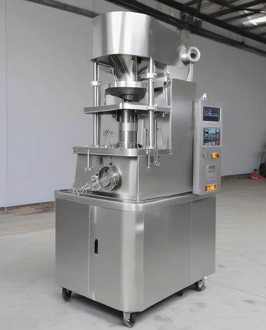 A large industrial bottle capping machine is in operation. Several plastic water bottles are positioned on a rotating platform beneath the metallic capping mechanism. The setup is located in a room with bare concrete block walls, and there is a wooden board leaning against the wall. Sunlight casts shadows on the floor, and there are various tools and materials scattered around, including a cardboard box with cables.