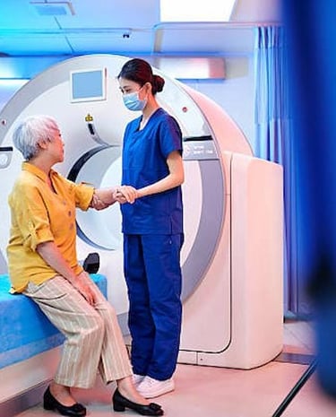Technician guiding a patient before MRI scan in a Delhi diagnostic center.