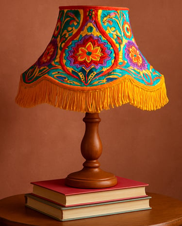 Handmade lampshade casting a warm glow over a rustic wooden table with sustainable decor.
