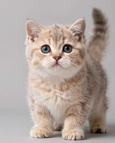 A gentle British Shorthair cat sitting calmly next to a potted plant indoors.