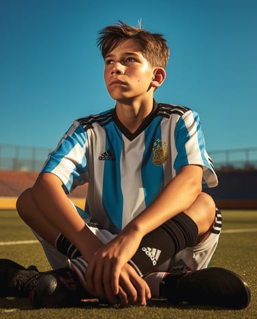 NexaGoals vision — young football player in blue jersey sitting on field at sunset representing futu