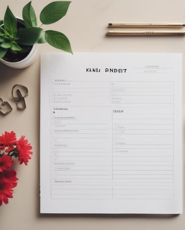 An open planner displaying a detailed schedule for Tuesday and Wednesday. The layout includes sections for top tasks, time blocks from 5 AM to 8 PM, other activities, and areas for reflection on successes and improvements. Decorative elements like motivational quotes and colorful stickers enhance the appearance. The dominant background includes a wooden surface and some writing utensils.