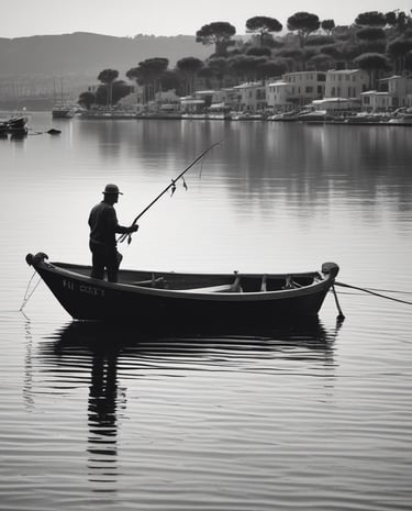 Friendly fishmonger preparing fresh fish behind a rustic wooden counter.
