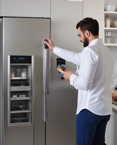a man in a white shirt is holding a multimeter to test the refrigerator