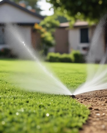 Wide shot of a technician installing an irrigation system in a garden.
