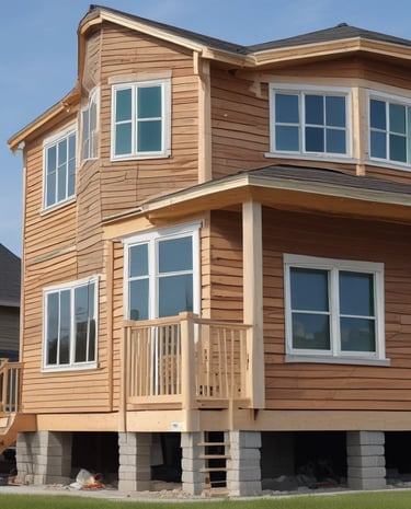 A residential building under construction with visible scaffolding surrounding the front. The structure features a mix of bare brickwork and wooden panels. Windows are installed on the upper level, and the roof is partially finished with red tiles. Construction materials such as wooden planks and blue tarps are scattered in the foreground.