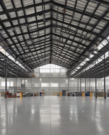 A construction site features multiple structures in various stages of development, with brick buildings prominently situated in an area cleared of vegetation. Workers are visible on-site carrying out construction tasks. The site is surrounded by greenery and trees, with hills and other built structures in the distance.