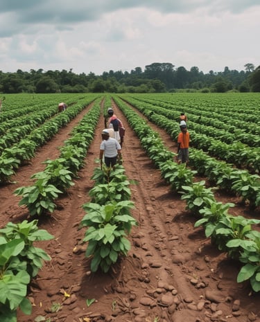 A neatly arranged agricultural field features rows of young plants growing in red-brown soil. The plants are spaced evenly with plastic mulch covering the rows to retain moisture and prevent weed growth. Tall trees and sparse vegetation are visible in the background under a clear sky.